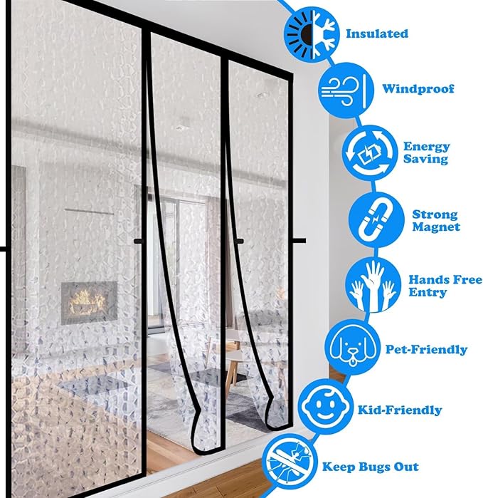 RELIANCER Magnetic Thermal Insulated Double Door Curtain,Waterproof EVA Doors Cover,Fit Doors Size 58"x78",Self-Closing Insulated Doorway Curtain Partition,Temperature Protection Thermal Door Screen