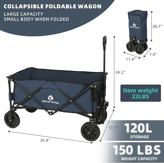 ROCK CLOUD Folding Wagon Cart Utility Outdoor Camping Carry Cart Heavy Duty Portable Collapsible Garden Cart with Universal Wheels and Adjustable Handle for Outdoor Camping Beach Sports