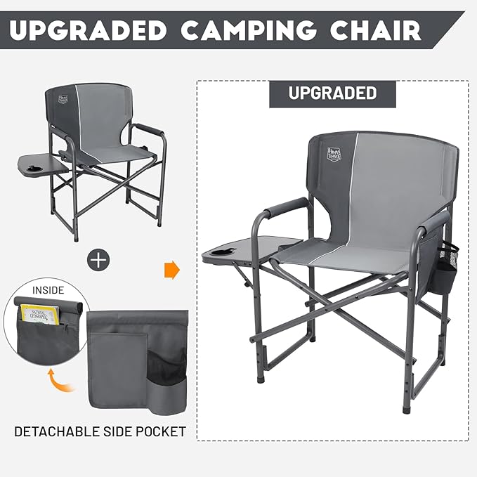 TIMBER RIDGE Aluminum Oversized Camping Chair, Lightweight Portable Directors Chair with Side Table Detachable Side Pocket for Outdoor Camping, Lawn, Picnic, Support 400lbs Grey 2 Pack