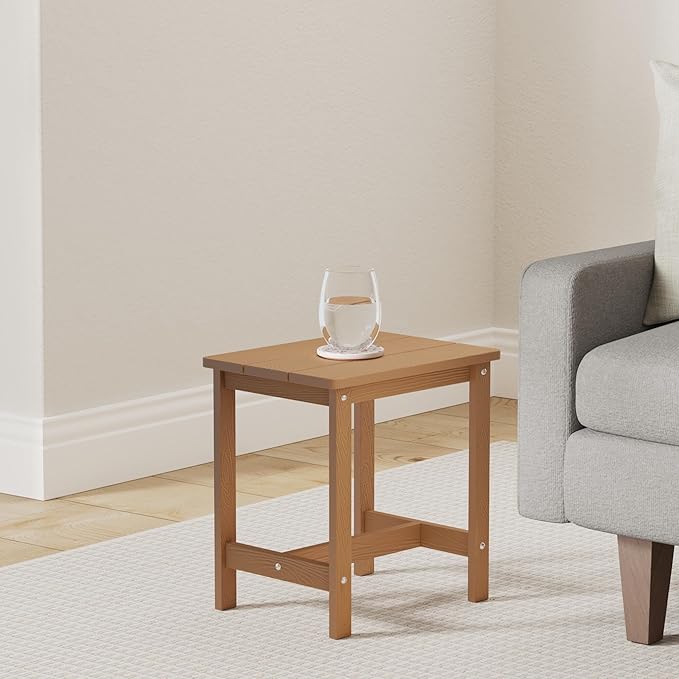 LUE BONA Outdoor Side Table, HDPS Small Adirondack End Table for Patio, Porch, Deck, Weather Resistant, Easy Maintenance, Indoor or Outdoor Use, Teak Color