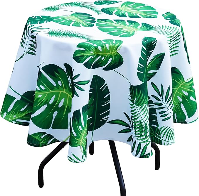 Poise3EHome 60 inches Outdoor/Indoor Waterproof Tropical Round Tablecloth Green for Camping Picnic Party Patio Table Spring, Palm Leaf
