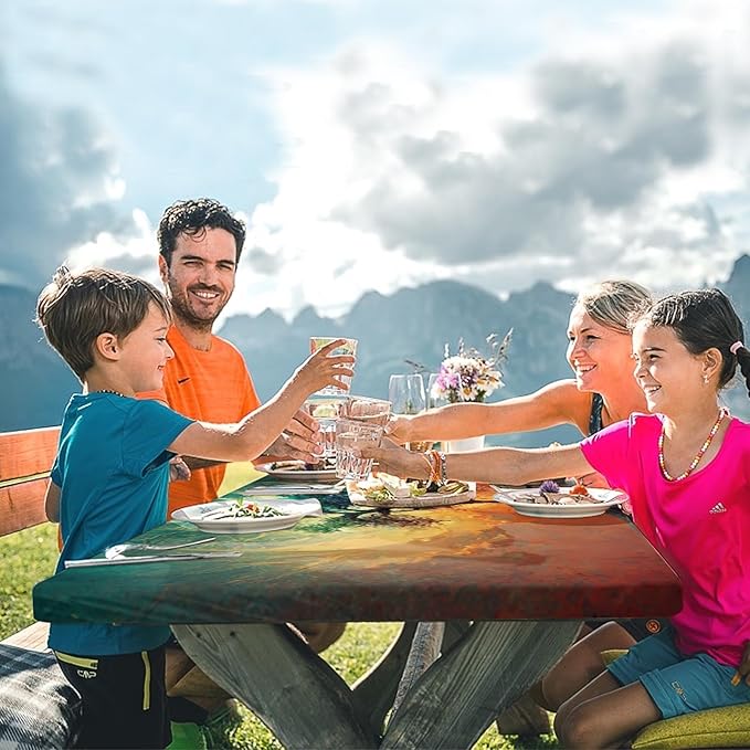 Picnic Table Cover with Bench Covers Elastic Edges, Tree Camper Fitted Table Cover, Outdoor Patio Camping Essentials 72 Inch 3PCS, Waterproof Camping Fitted Tablecloth with Drawstring Bag