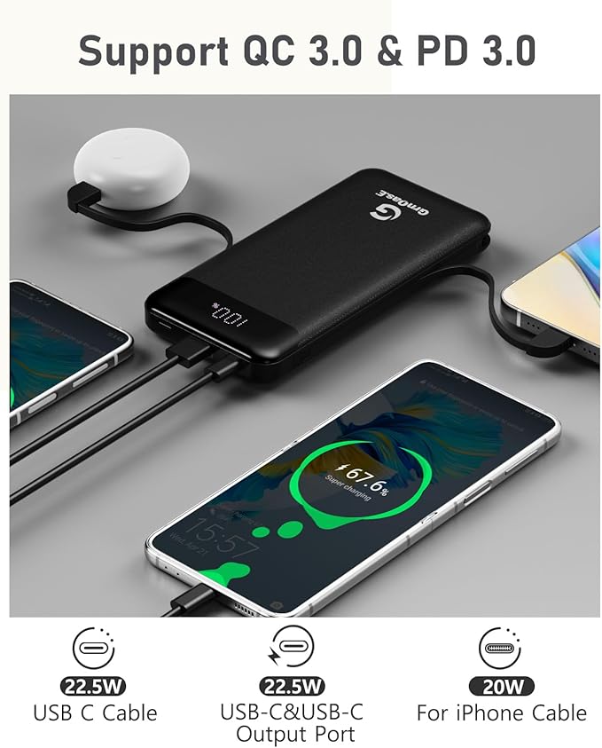 GrnOas.E 2-Pack 10000mAh Power Bank for iPhone,22.5W Fast Charging Portable Charger for iPhone,4 Outputs 3A High Speed Power Bank with Built in Cables,Travel Essentials Battery Pack for iPhone and etc