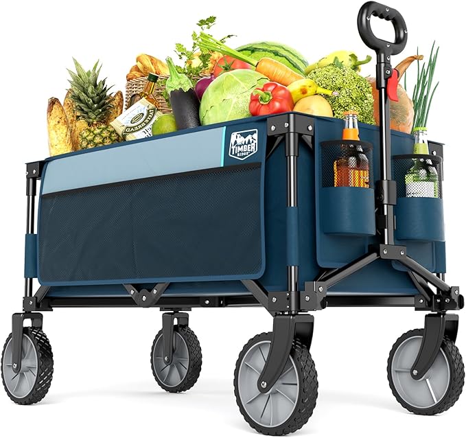 Timber Ridge Collapsible Outdoor Folding Wagon Cart Heavy Duty Camping Patio Shopping Garden Cart with Side Bag Cup Holder, Blue