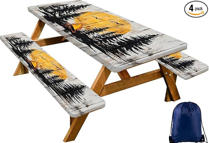 CAPSCEOLL Fitted Picnic Table Cover with Bench Covers with Elastic 8Ft Waterproof Picnic Table Cloths Windproof Outdoor Camping Tablecloth with Drawstring Bag, 96X30in, Camping on Wood
