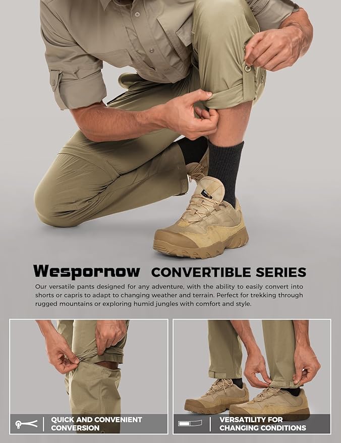 Wespornow Men's-Convertible-Hiking-Pants Quick Dry Lightweight Zip Off Breathable Cargo Pants for Outdoor, Fishing, Safari