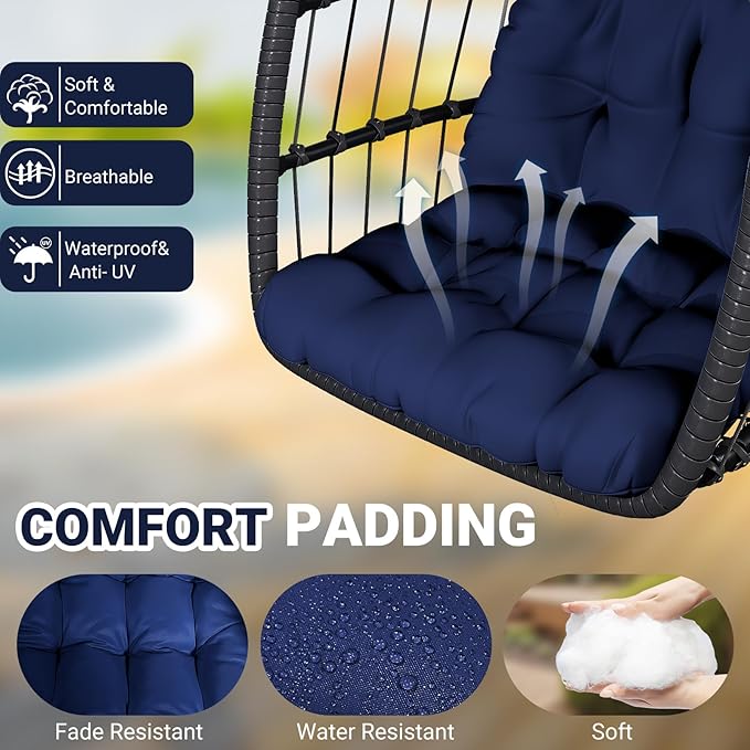 Egg Chair with Stand,Patio Rattan Wicker Hanging Swing Egg Chair Hammock Chair for Bedroom Porch Garden,Thickened Aluminum Alloy Steel Frame and UV Resistant Cushion,350LBS Capacity