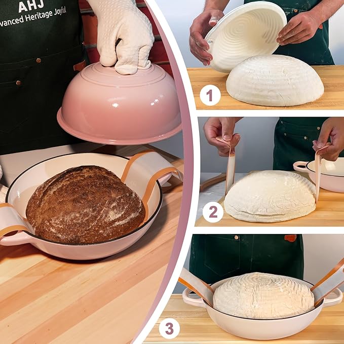 AHJ 6QT Dutch Oven For Bread Baking, Enameled Cast Iron Dutch Oven Pot with Lid, Multi-Functional Bread pan, Sourdough Baking Supplies with Proofing Basket, Cast Iron Bread Oven, Silicone Sling & Gloves.