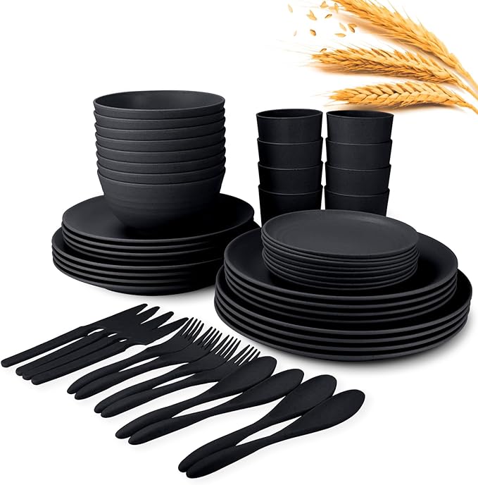 Wheat Straw Plate and Bowl sets with cups and cutlery set of 64- Unbreakable Dinnerware sets service for 8 - Microwave and Dishwasher safe dish sets for kitchen,camping.Black