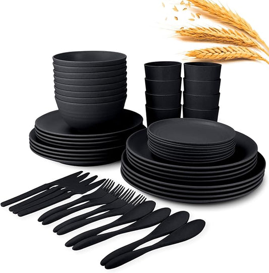 Wheat Straw Plate and Bowl sets with cups and cutlery set of 64- Unbreakable Dinnerware sets service for 8 - Microwave and Dishwasher safe dish sets for kitchen,camping.Black