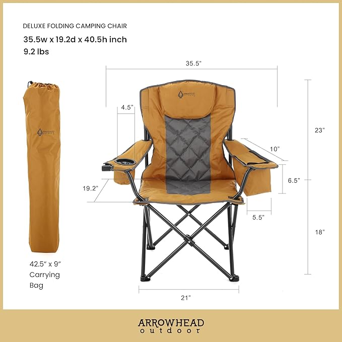 ARROWHEAD OUTDOOR Portable Folding Camping Quad Chair w/ 6-Can Cooler, Cup & Wine Glass Holders, Heavy-Duty Carrying Bag, Padded Armrests, Headrest & Seat, Supports up to 550lbs, USA-Based Support
