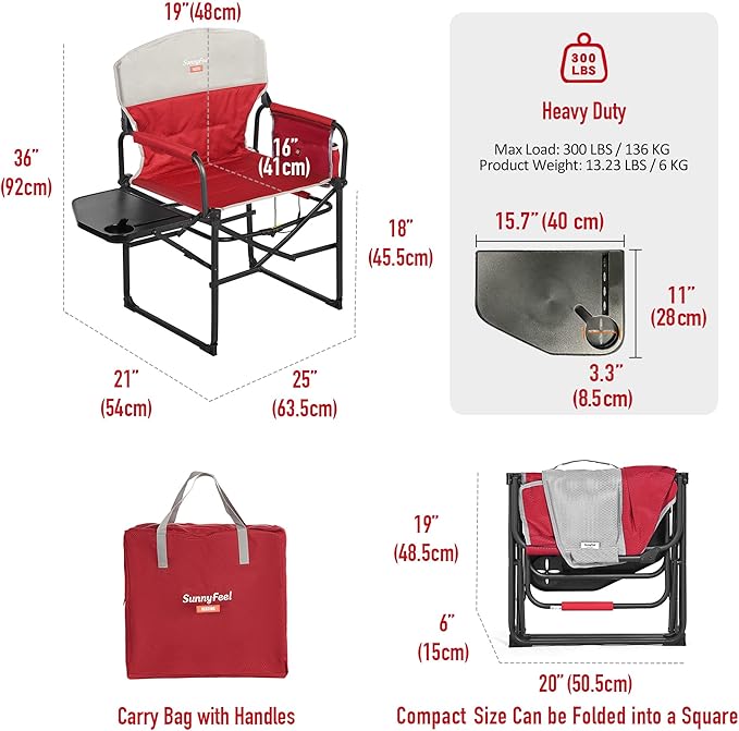 SUNNYFEEL Heated Camping Directors Chair, Heavy Duty,Oversized Outdoor Portable Heating Folding Chair with Side Table, Pocket for Beach, Fishing,Trip,Picnic,Lawn,Concert Foldable Camp Chairs
