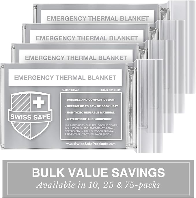 Swiss Safe Emergency Mylar Thermal Blankets + Bonus Space Blanket - Compact & Insulated for Cold Weather - Designed for NASA, Outdoor Camping, Survival, First Aid Car Kit - Silver, 75 Pack