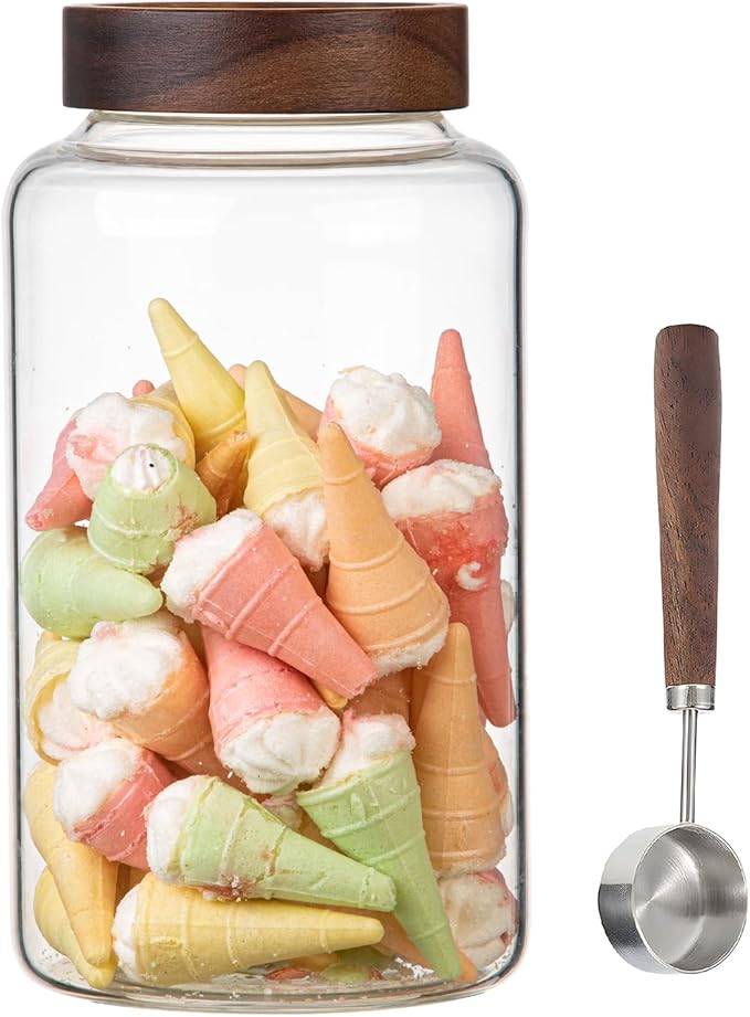 Large Glass Coffee Jars with Spoon,Round Storage Canister with Wooden Lid Clear Glass Food Jar for Pantry Sugar Tea Coffee Bean Spice Nuts Cookies Bath Salts (2300ml/77oz)