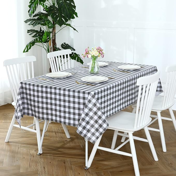 Romanstile Square Vinyl PVC Tablecloth, 100% Waterproof Buffalo Plaid Plastic Table Cloth, Oil Proof Heavy Duty Wipeable Table Covers for Dining/Camping/Picnic/Outdoor - 60 x 60, Grey and White