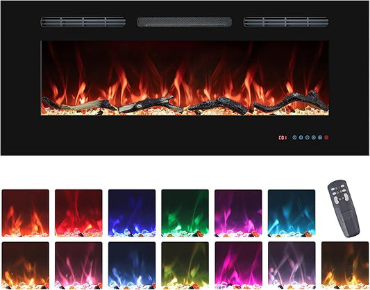 30" Electric Fireplaces Inserts, Recessed & Wall-Mounted Fireplace Heater with Thermostat, Multicolor Flames,Timer, Log & Crystal, 750/1500W