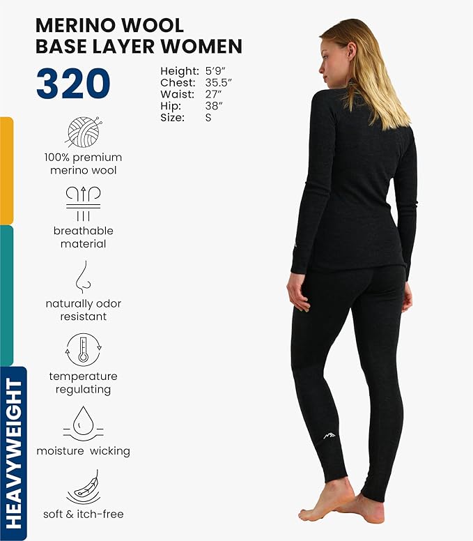 Merino.tech Merino Wool Base Layer Women Set - Heavyweight, Lite, Midweight Merino Thermal Underwear For Women Top, Bottom