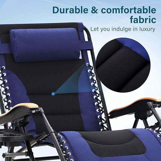 MFSTUDIO Zero Gravity Chairs Set of 2, XL Oversized Outdoor Anti Gravity Chair, Patio Lounge Folding Adjustable Chair with Cup Holder & Padded Headrest, Support 400lbs,Navy Blue