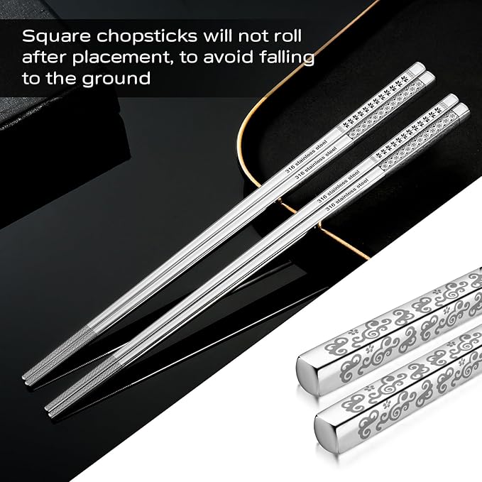 8 Pairs Metal Chopsticks Reusable 18/10 Stainless Steel Chopsticks Set Cute Laser Engraved Non-slip Japanese Korean Chinese Chopstick for Cooking Eating Dishwasher Safe 9.25" Chop Sticks Gift Set