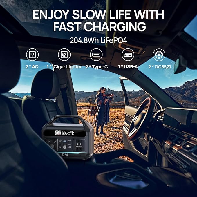 Portable Power Station 300W (600W Surge), 204Wh Solar Generator LiFePO4 Electric with AC&DC Outlets Fast Charging for Outdoors Camping Essentials Backup Bank Emergency, RV, Off-Grid Living