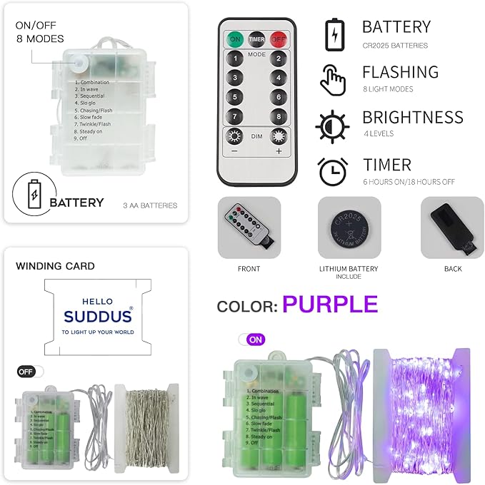 suddus Hallowee Fairy Lights Battery Operated, 33ft 100 LED Fairy Lights with Remote, Purple String Lights for Outside, Porch, Home, Backyard, Window, Yard, Garland, Party Decorations