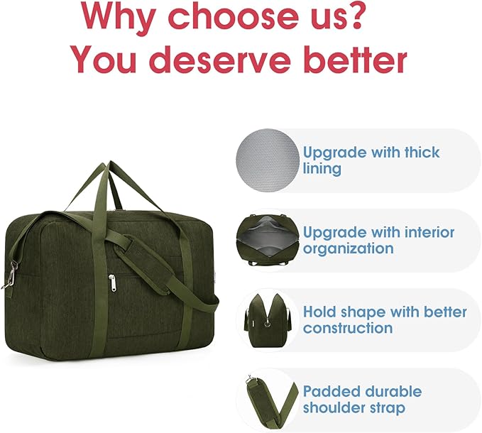 Carry on luaggage 22x14x9 Airlines Approved Foldable Carry on Bag Travel Duffel Packable Duffle Overnight for Women and Men 40L (Army Green)