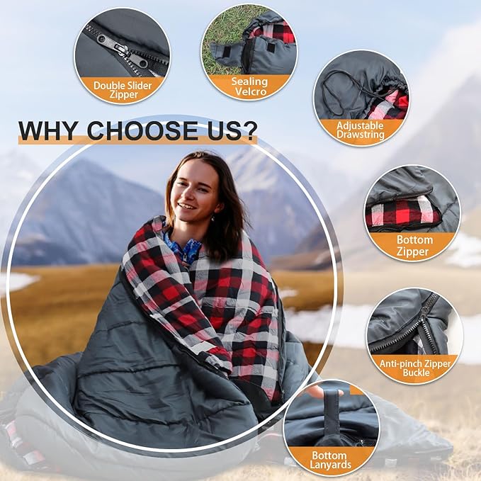0 Degree Sleeping Bag 100% Cotton Flannel XXL Cold Weather Winter Oversized Sleeping Bag for Adults Camping Zero Degree Big and Tall with Compression Sack