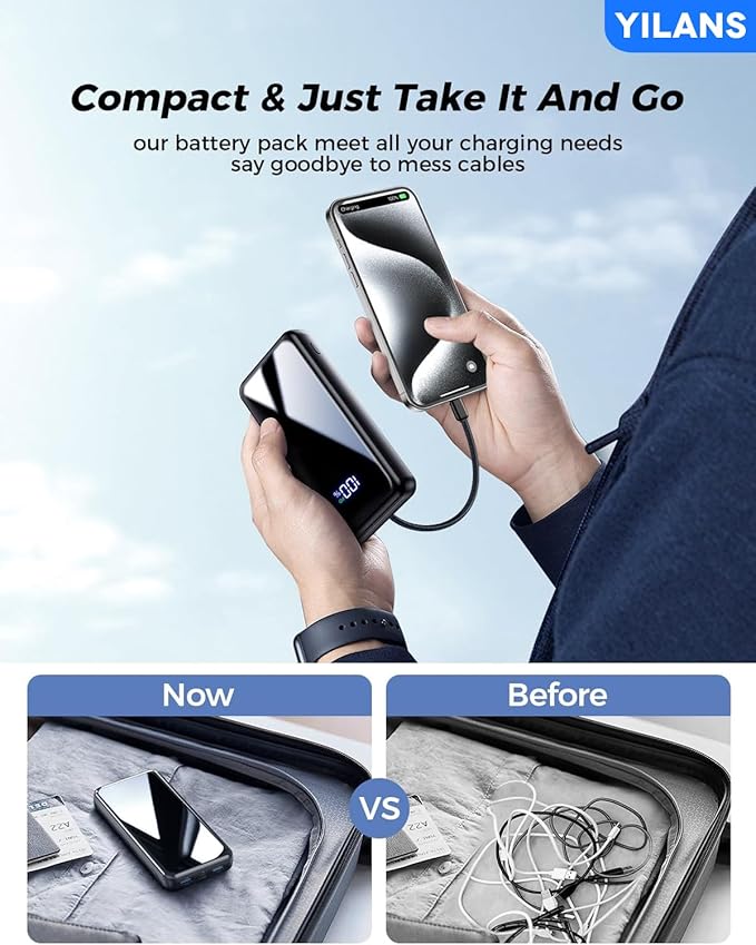 Portable Charger,42800mAh Power Bank Built-in Cable,22.5W PD USB C in & Out Fast Charging, External Battery Pack 6 Output & 2 Input, Travel Phone Charger for iPhone 17/16/15/14/13/12, Android (Black)