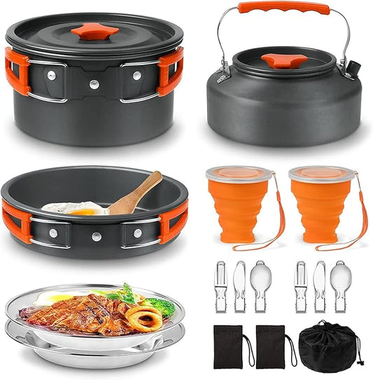 Camping Cooking Set Camping Cookware Outdoor Aluminum Mess Kit with Frying Pan, Pot with Lid, 1.2L Kettle Set and 2 Stainless Steel Plate, 2 Folding Cups and 2 Set Knives Spoons for Backpacking Picnic