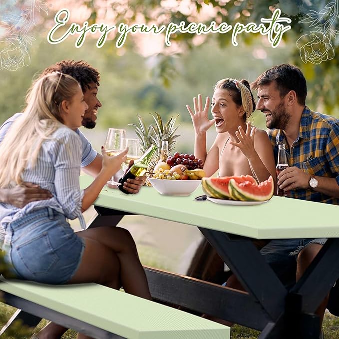 Irenare 3 Pcs Picnic Table and Bench Fitted Tablecloth Cover for 6 Ft Table 30 x 72 Inch Vinyl Fitted Elastic Edges Waterproof Wipeable Tablecloth for Indoor Outdoor Picnics Patio Camping (Sage Green)