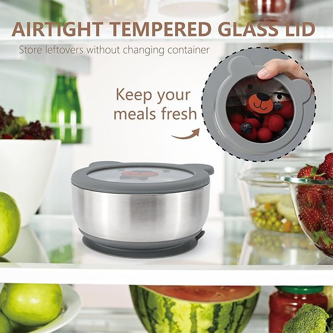 MR. CHOU Baby Bowls with Non-Slip Silicone Suction Cup, Insulated Double-Layer 304 Stainless Steel Toddler Bowls with BPA Free Airtight Lids, Food-Grade Silicone Safe for Kids (Gray)