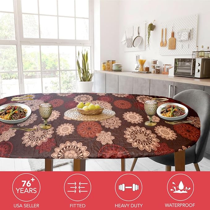 LAMINET Elastic Fitted Table Cover - Medallion - Oblong/Oval - Fits Tables up to 48 x 68”