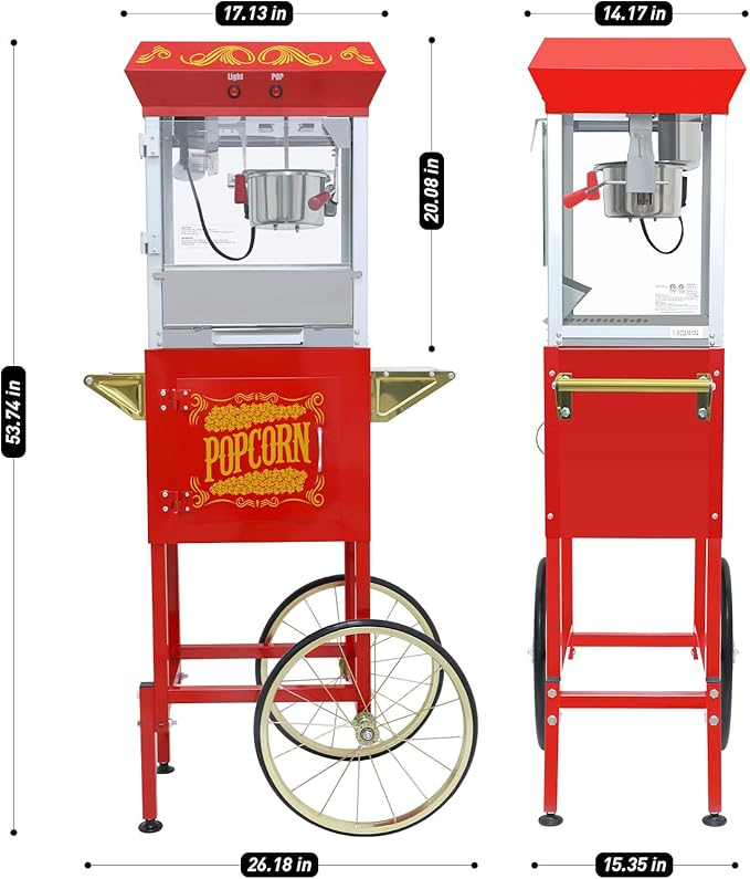 Popcorn Maker Machine - Professional Cart With 8 Oz Kettle Makes Up to 48 Cups, Stainless Steel Vintage Commercial Popcorn Machine Movie Theater Style (Red)