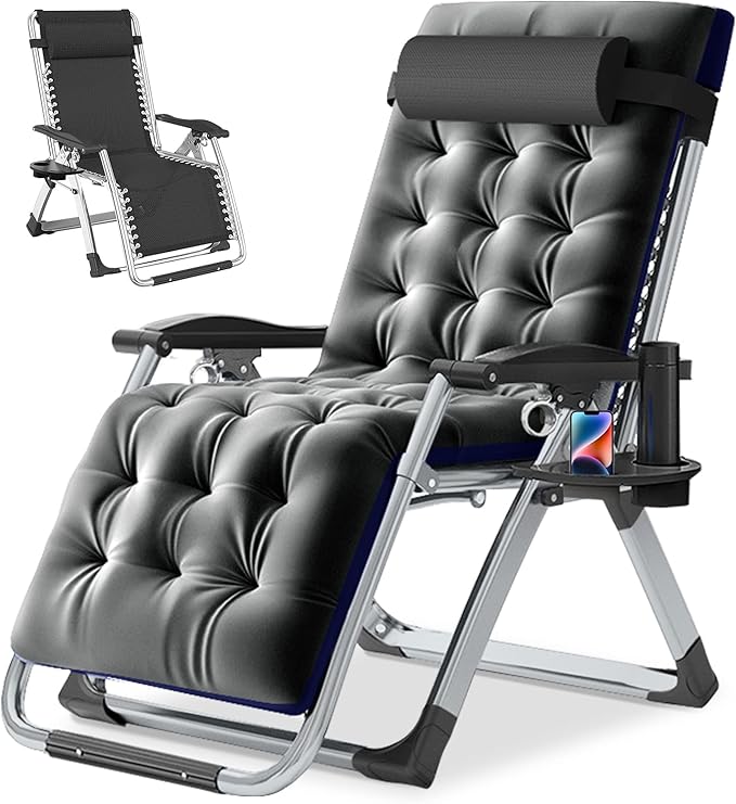 NAIZEA Padded Zero Gravity Chair, Folding Outdoor Lounge Chairs, Adjustable Reclining Camping Chairs with Cup Holder, Ergonomic Patio Lawn Chair for Balcony Beach Deck Yard