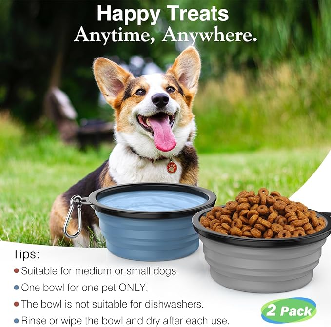 Pawaboo Collapsible Dog Bowls 2 Pack, Silicone Feeding Watering Bowls with Lids & Carabiners for Dogs Cats, Portable Water Feeder Food Bowl for Walking Traveling Home Use, 1000ml, Blue + Grey
