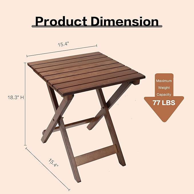 Outdoor Patio Side Table Small Wood End Square Table Folding Coffee Furniture for Living Room, Bedroom, Plant Stand, Camping Portable Brown