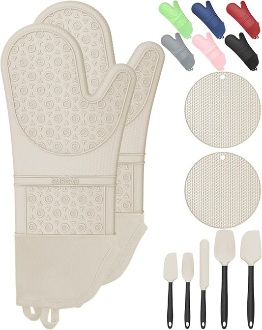Oven Mitts with Heat-Resistant Hot Pads and Five Silicone Spatulas Designed for Kitchen Baking Cooking, Oven Glove Soft Cotton Lining, Waterproof, BPA-Free (Beige, 15.7)