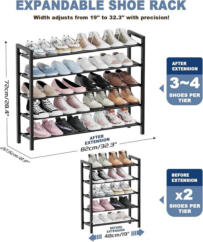 Mavivegue Expandable Shoe Rack, 4-Tier Shoe Organizer for Closet, Adjustable Shoe Rack for Front Door Entrance, Entryway