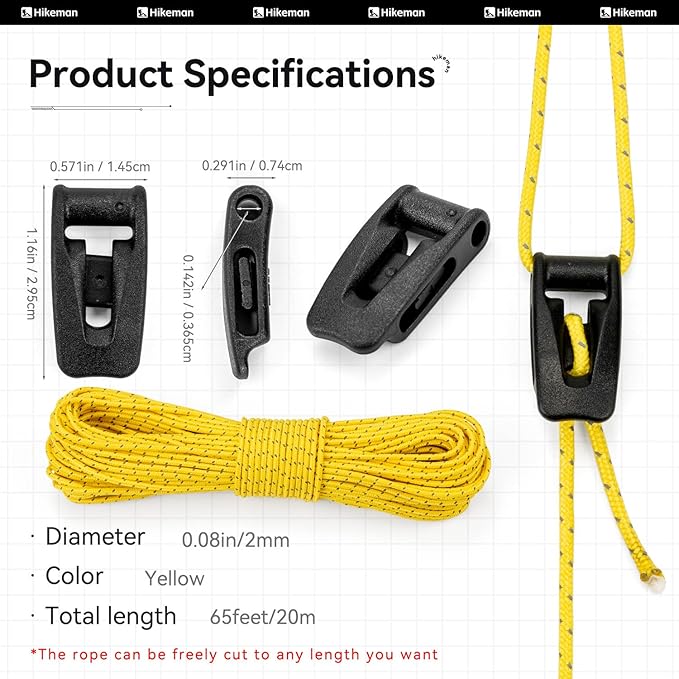 Hikeman Tent Guy Ropes 2mm-Ultralight Strong Guy Lines with Tensioner Reflective UHMWPE Fiber Tent Cord for Camping, Hiking, Backpacking Rope (Yellow, 65 Feet, 10 Tensioners)