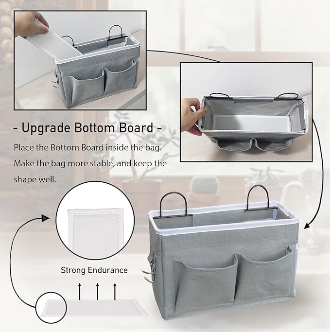 3pcs Middle Wall Hanging Organizer Bag, Linen Fabric Door Hanging Storage Basket with Pockets, Waterproof Bin for Kitchen, Bedroom, Office, RV Camper (Gray)