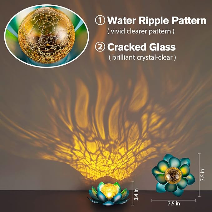 Solar Light Outdoor(2Pack), Art Crackle Globe Glass Lotus Decoration, Solar LED Waterproof Blue Metal Flower Lights for Patio,Lawn,Walkway,Tabletop