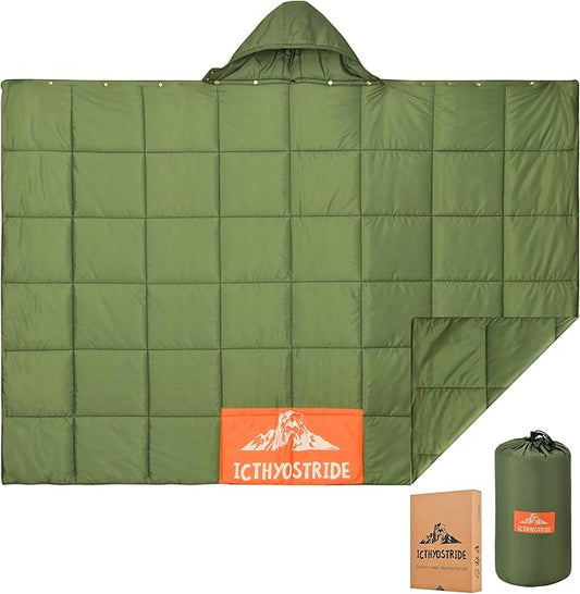 Puffy Camping Blanket with Detachable Hooded Snap-Poncho Waterproof Double-Sided Printed Reversible for Travel, Hike Cold Weather, Army