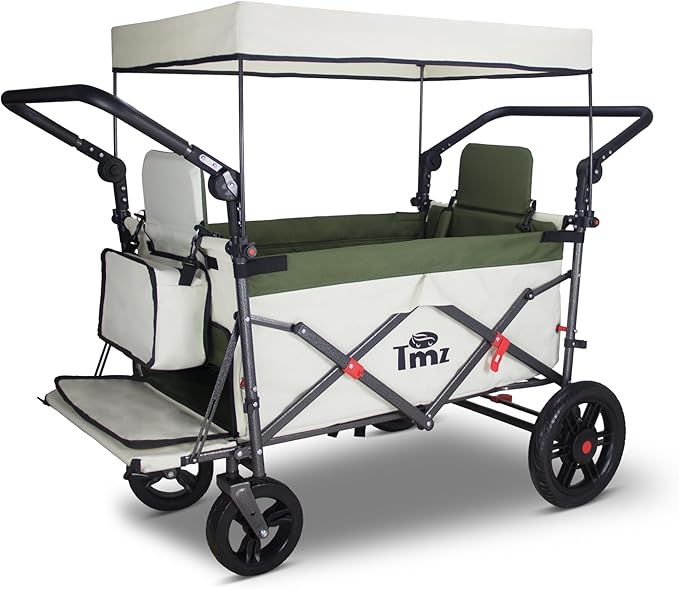 TMZ Foldable Wagon with Canopy, Collapsible Folding Wagon with Adjustable Handle Bar, Multi Functional Cart with Expansion Accessories, Front Expandable Transport Camping Wagon (Green/Beige)
