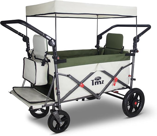 TMZ Foldable Wagon with Canopy, Collapsible Folding Wagon with Adjustable Handle Bar, Multi Functional Cart with Expansion Accessories, Front Expandable Transport Camping Wagon (Green/Beige)