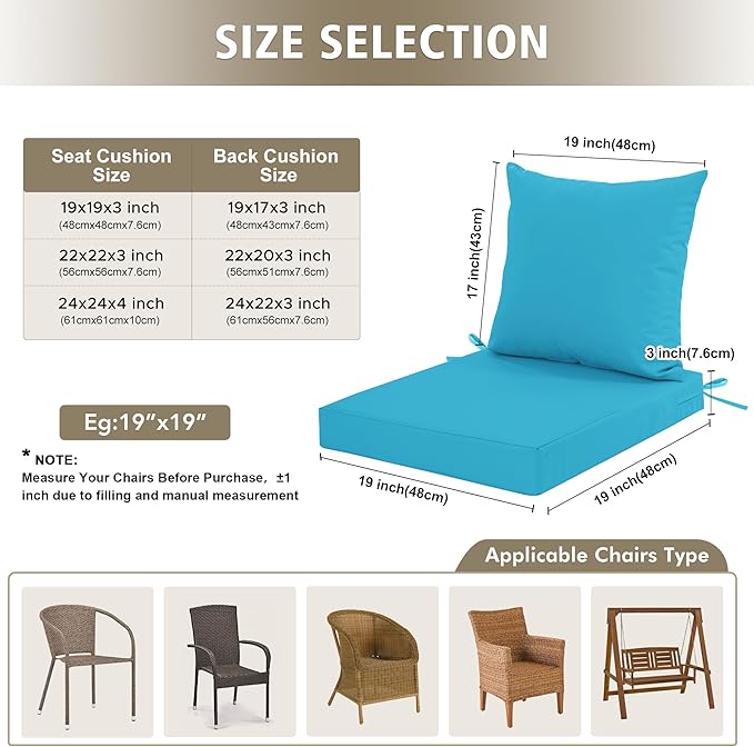 Outdoor Cushions for Patio Furniture, Waterproof Outdoor Chair Cushion w/Fade-Resistant, Removable & Machine-Washable Cover, 22x22 Inch, Deep Seat Sofa/Couch Pad Replacement – Set of 1/2/4, Teal