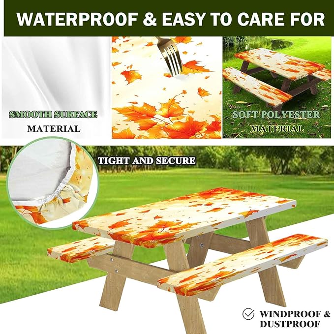CAPSCEOLL Fitted Picnic Table Cover with Bench Covers with Elastic 6Ft Waterproof Camping Picnic Table Cover Cloths for Outdoors Camping Tablecloth with Drawstring Bag, 72X30in, Fall Maple