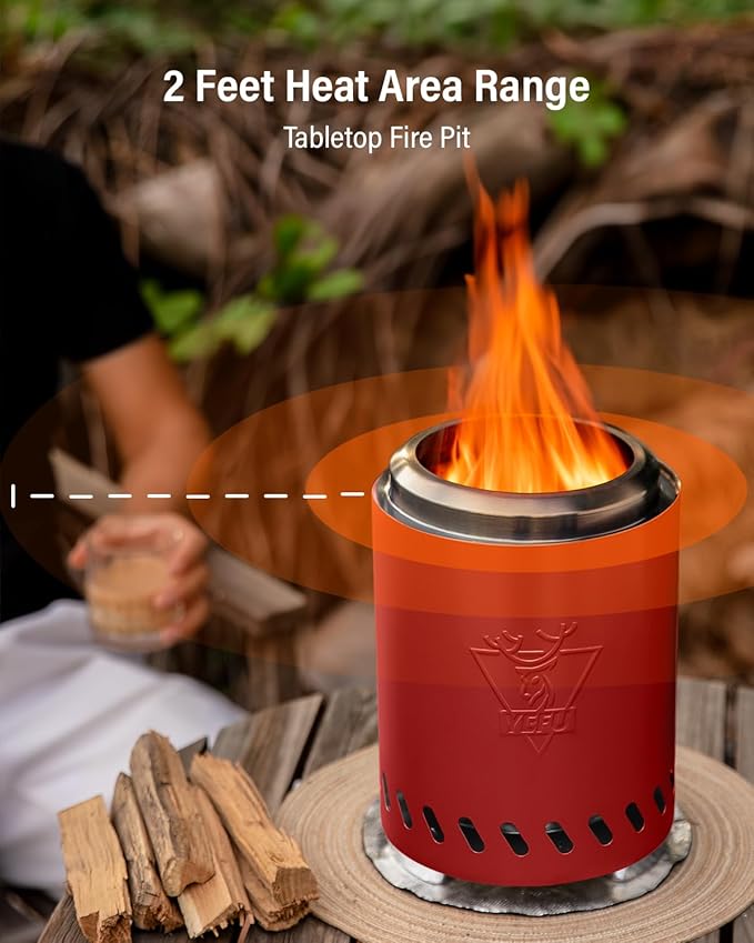 YEFU Tabletop Fire Pit 9.7 x 7.1 in, Low Smoke Camping Stove for Outdoor & Patio, Fueled by Pellets or Wood, Safe Burning Table Top Firepit, with Travel Bag & 2 Mini Sticks & Fireproof Mat, Red