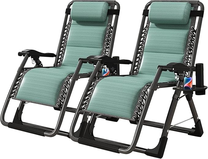 NAIZEA Padded Zero Gravity Chair, Cooling Fabric Folding Outdoor Lounge Chairs, Adjustable Reclining Camping Chairs with Cup Holder, Ergonomic Patio Lawn Chair for Balcony Beach Deck Yard