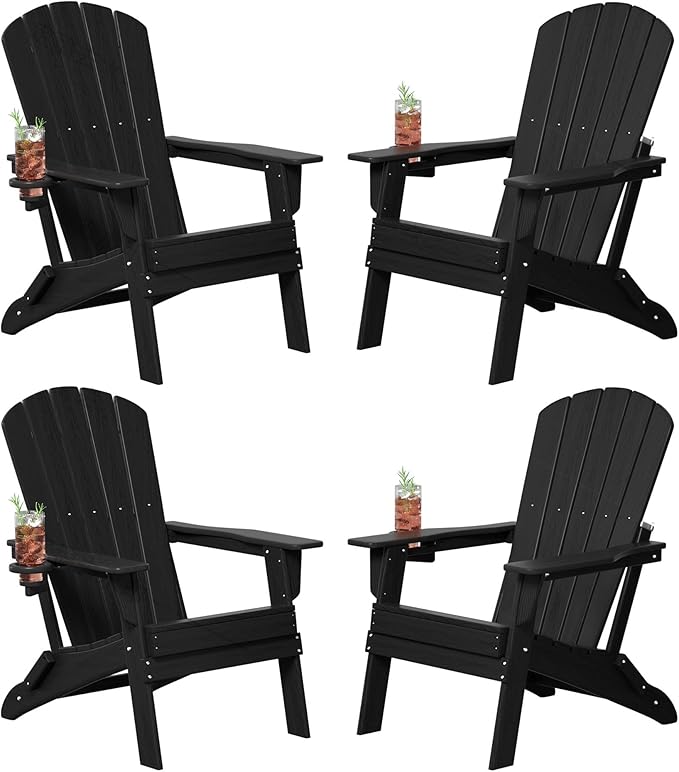 Folding Adirondack Chair Set of 4, Cup Holder，Wooden Textured ，Heavy All-Weather HDPE Comfortable Set Poolside Backyard Lawn Black