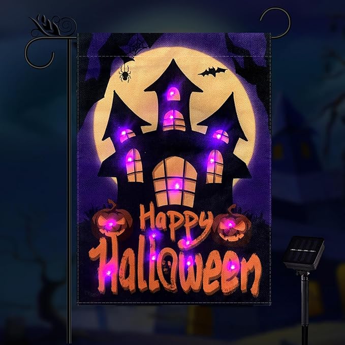 Happy Halloween Garden Flag LED Lighted Vertical Double Sided Garden Flag Halloween Castle Holiday Farmhouse Outdoor Yard Lawn Decoration 12.5 x 18 Inch